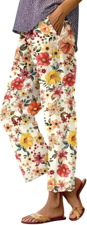 Women's Casual Pants Linen Pants Summer Boho Floral Pants Hight Waist Drawstring Casual Loose Floral Trousers