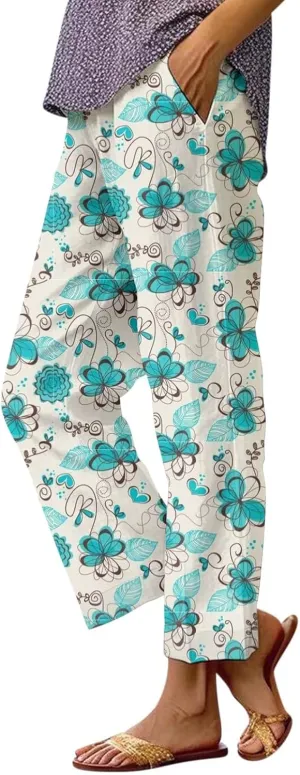 Women's Casual Pants Linen Pants Summer Boho Floral Pants Hight Waist Drawstring Casual Loose Floral Trousers