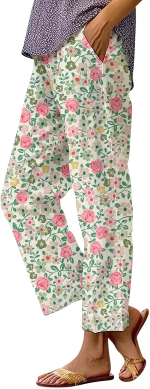 Women's Casual Pants Linen Pants Summer Boho Floral Pants Hight Waist Drawstring Casual Loose Floral Trousers