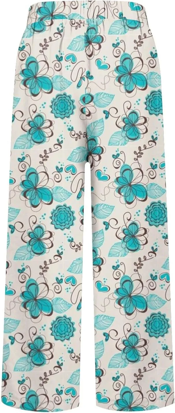 Women's Casual Pants Linen Pants Summer Boho Floral Pants Hight Waist Drawstring Casual Loose Floral Trousers