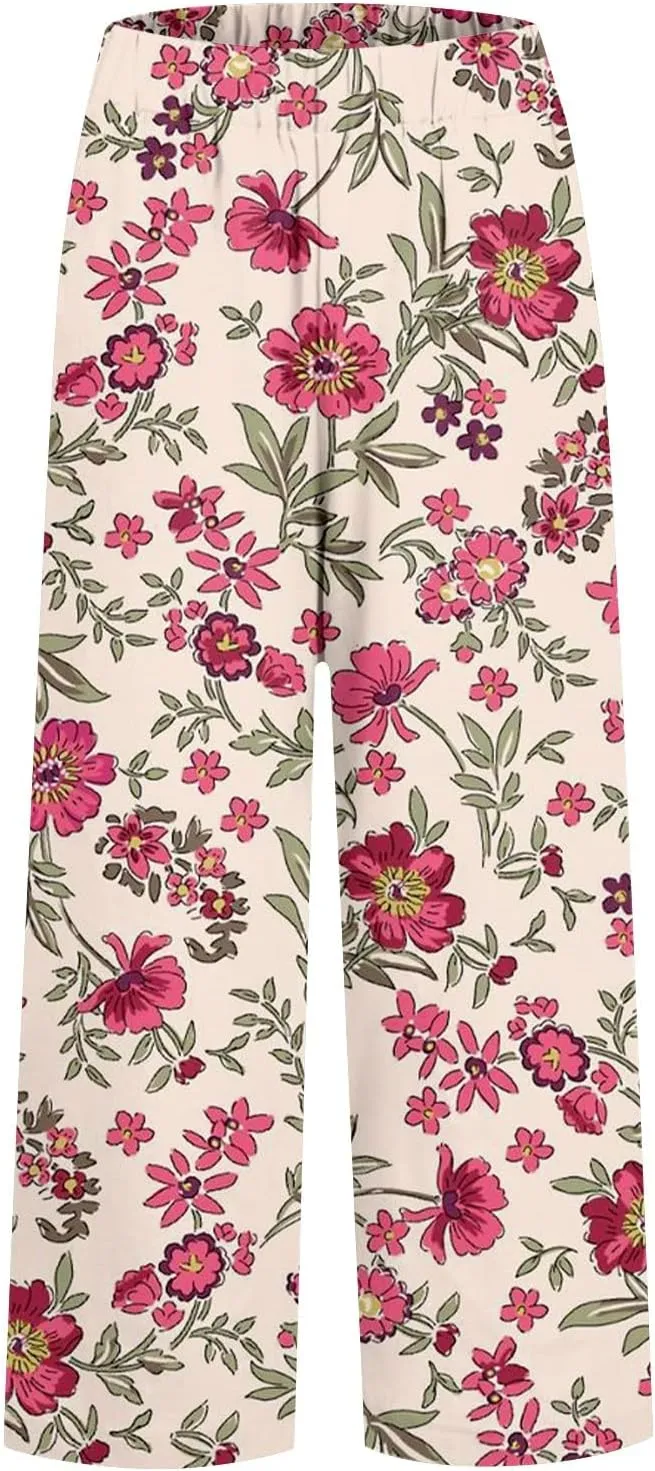 Women's Casual Pants Linen Pants Summer Boho Floral Pants Hight Waist Drawstring Casual Loose Floral Trousers