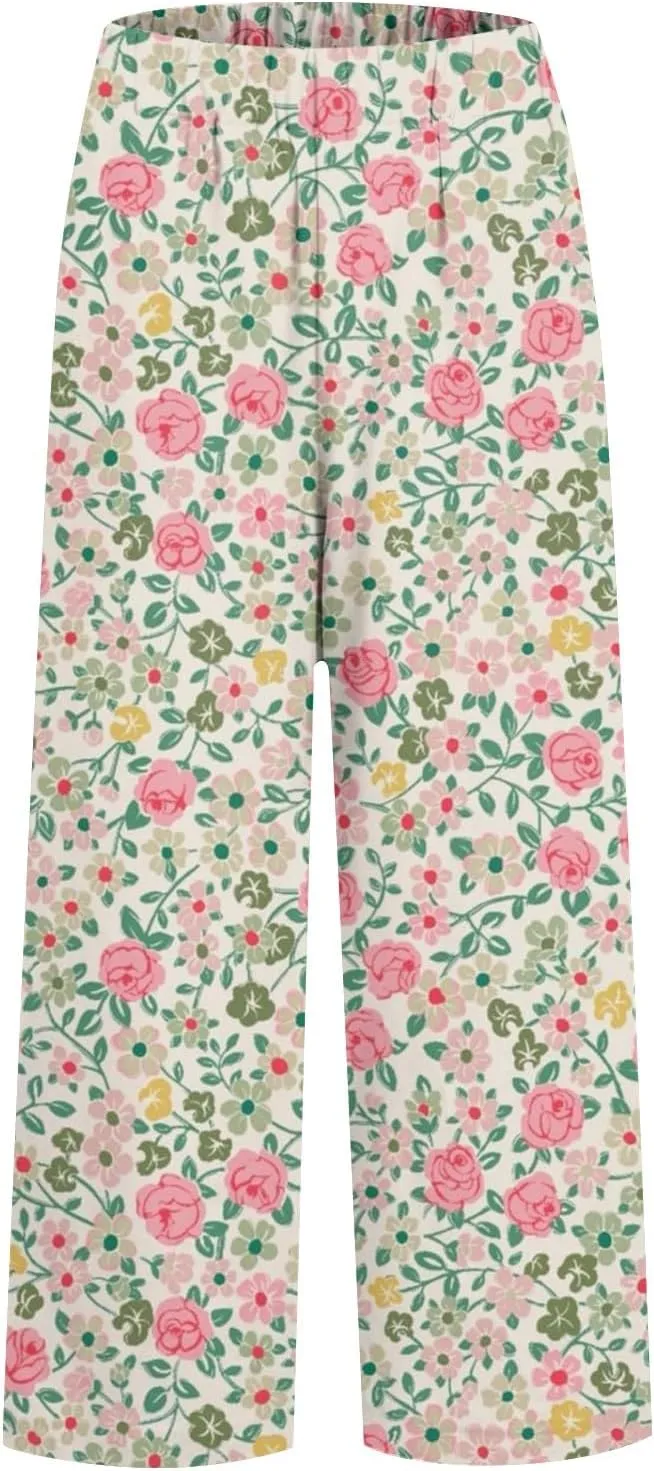 Women's Casual Pants Linen Pants Summer Boho Floral Pants Hight Waist Drawstring Casual Loose Floral Trousers