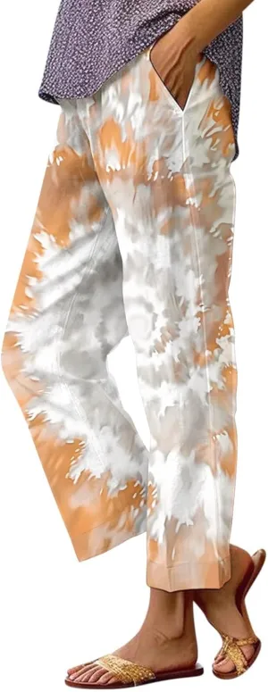 Women's Casual Pants Linen Pants Summer Boho Floral Pants Hight Waist Drawstring Casual Loose Floral Trousers