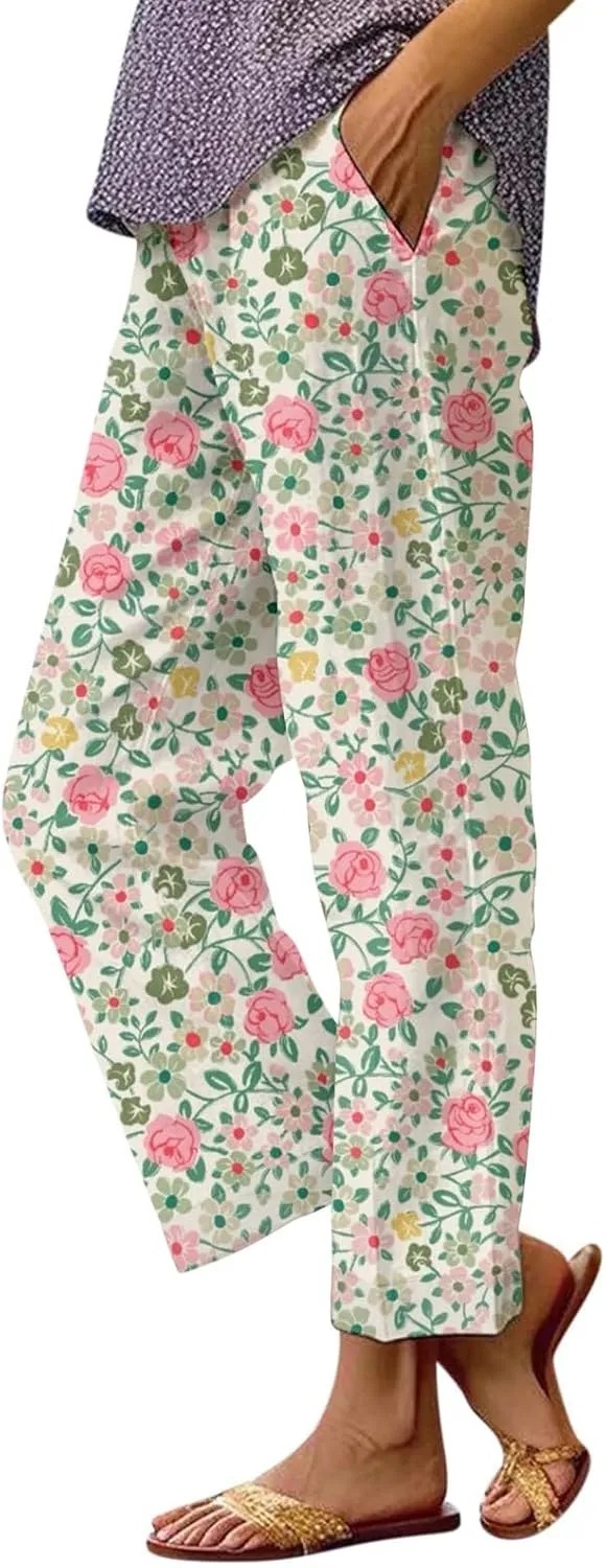 Women's Casual Pants Linen Pants Summer Boho Floral Pants Hight Waist Drawstring Casual Loose Floral Trousers