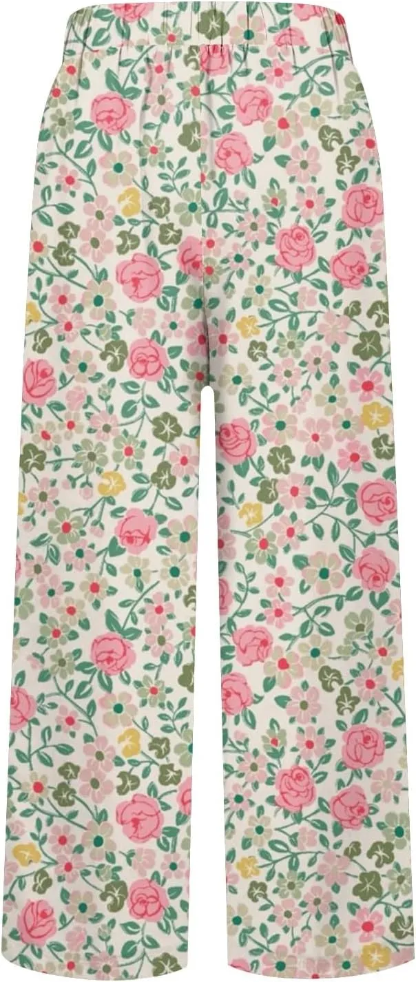 Women's Casual Pants Linen Pants Summer Boho Floral Pants Hight Waist Drawstring Casual Loose Floral Trousers