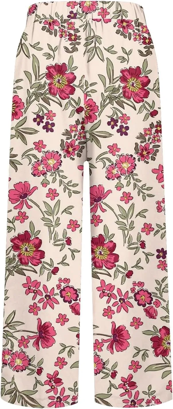 Women's Casual Pants Linen Pants Summer Boho Floral Pants Hight Waist Drawstring Casual Loose Floral Trousers