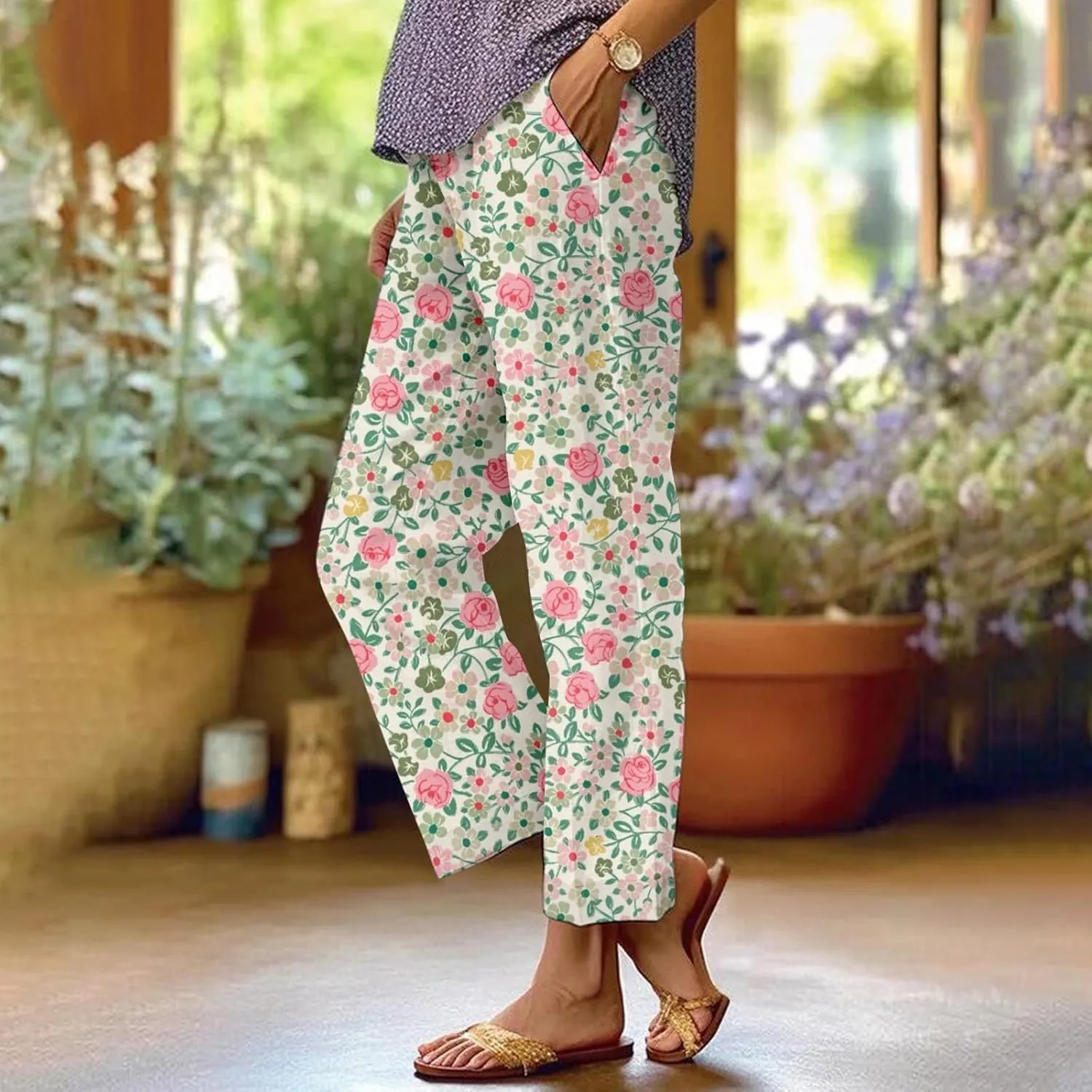 Women's Casual Pants Linen Pants Summer Boho Floral Pants Hight Waist Drawstring Casual Loose Floral Trousers