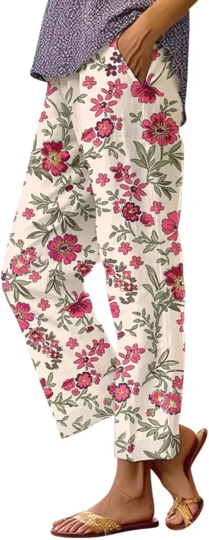 Women's Casual Pants Linen Pants Summer Boho Floral Pants Hight Waist Drawstring Casual Loose Floral Trousers