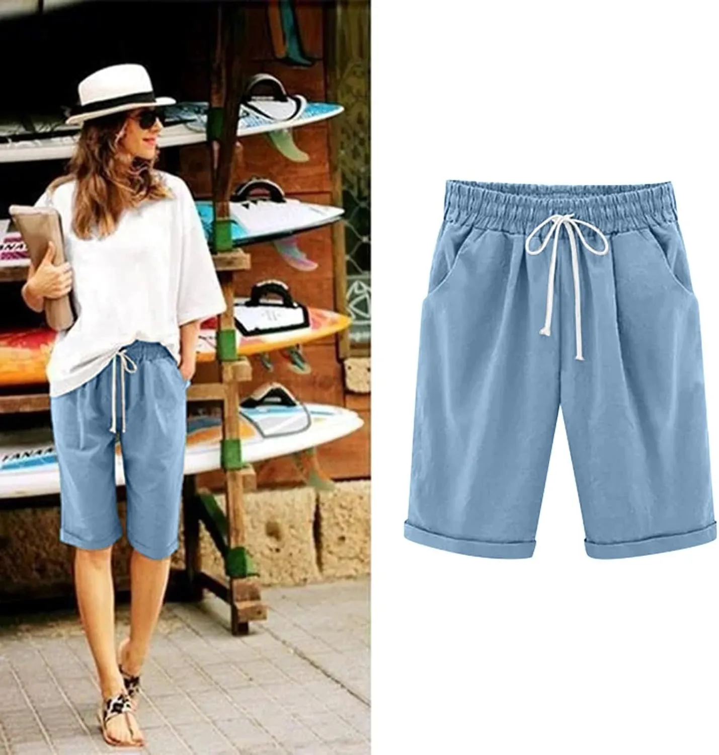 Womens Casual Shorts Summer Cotton Elastic Waist Drawstring Knee Length Bermuda Shorts Loose Fit Beach Shorts