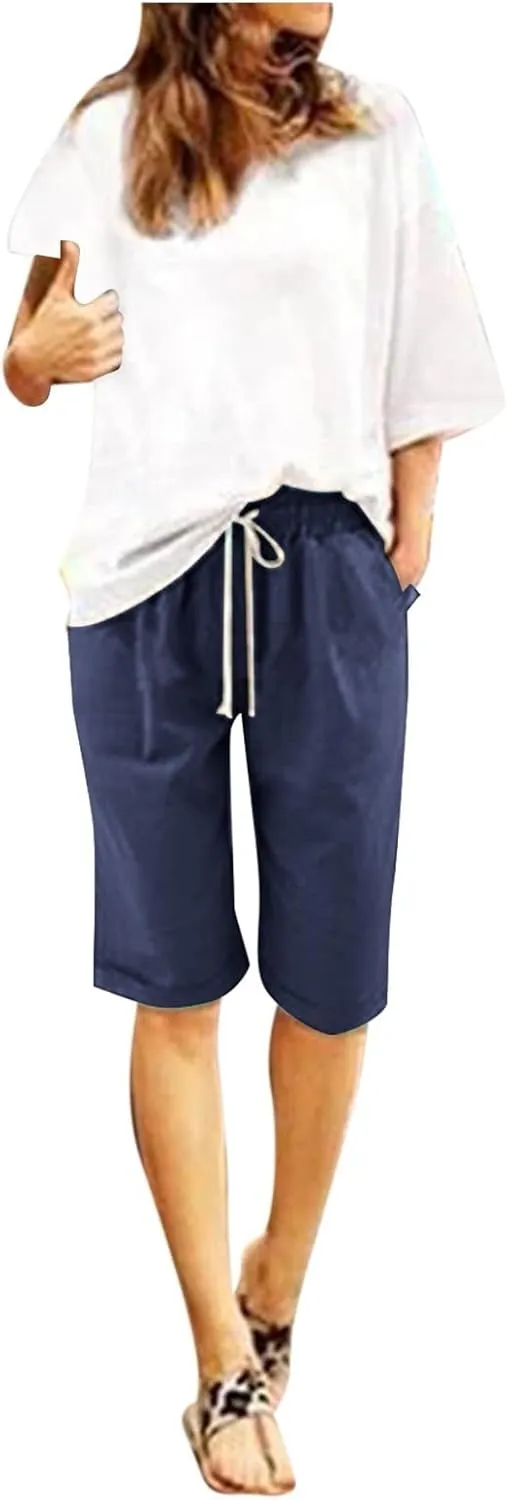 Womens Casual Shorts Summer Cotton Elastic Waist Drawstring Knee Length Bermuda Shorts Loose Fit Beach Shorts