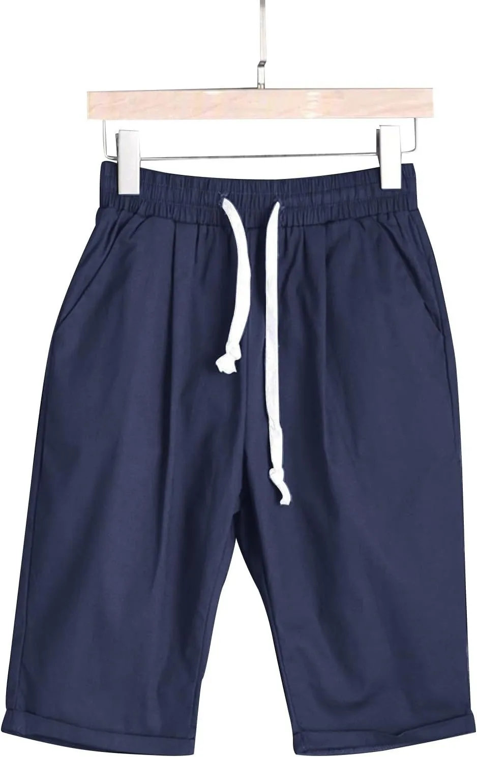 Womens Casual Shorts Summer Cotton Elastic Waist Drawstring Knee Length Bermuda Shorts Loose Fit Beach Shorts