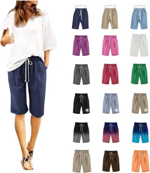 Womens Casual Shorts Summer Cotton Elastic Waist Drawstring Knee Length Bermuda Shorts Loose Fit Beach Shorts