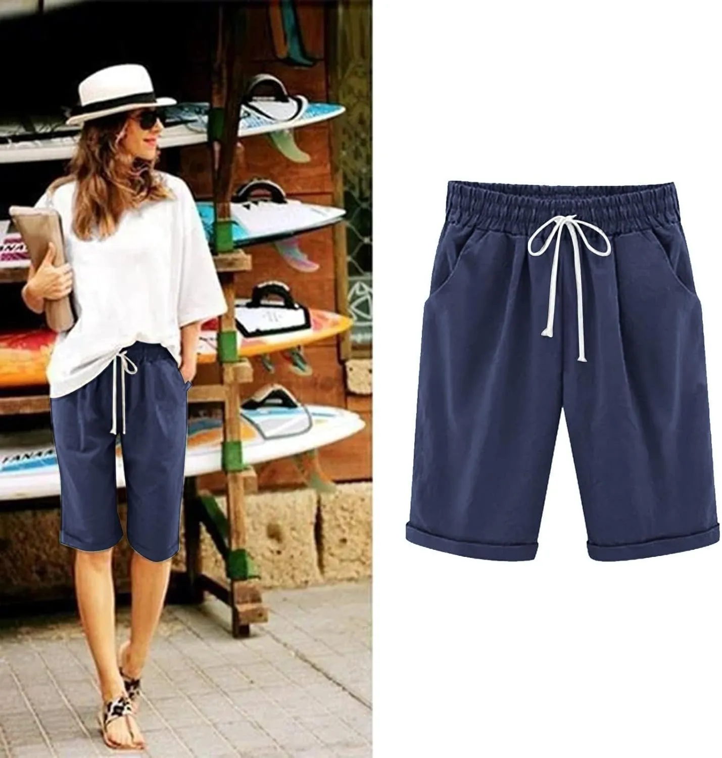 Womens Casual Shorts Summer Cotton Elastic Waist Drawstring Knee Length Bermuda Shorts Loose Fit Beach Shorts