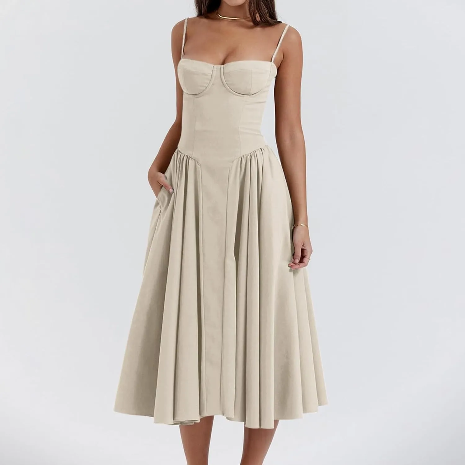 Womens Corset Dress Sexy Sleeveless Spaghetti Strap Bustier A Line Flowy Swing Midi Dress Low Cut Dressy Sundress