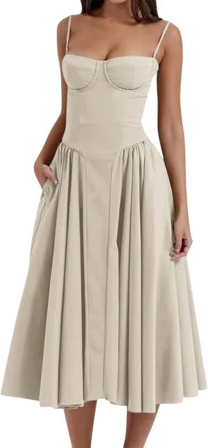 Womens Corset Dress Sexy Sleeveless Spaghetti Strap Bustier A Line Flowy Swing Midi Dress Low Cut Dressy Sundress