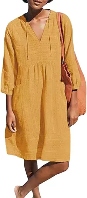 Womens Cotton Linen Dress V Neck 3/4 Sleeve Shift Tunic Smock Dresses Summer Casual Loose Dress with Pockets