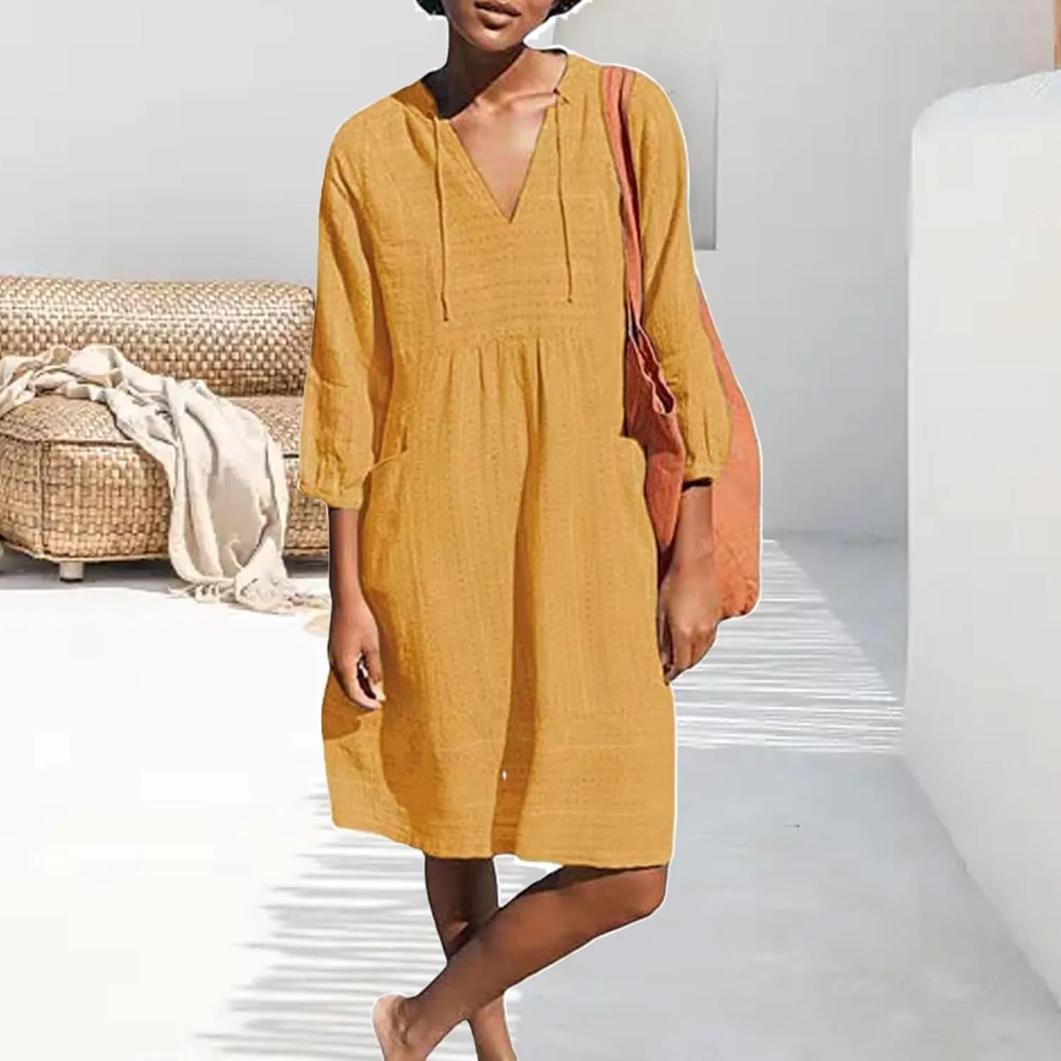 Womens Cotton Linen Dress V Neck 3/4 Sleeve Shift Tunic Smock Dresses Summer Casual Loose Dress with Pockets