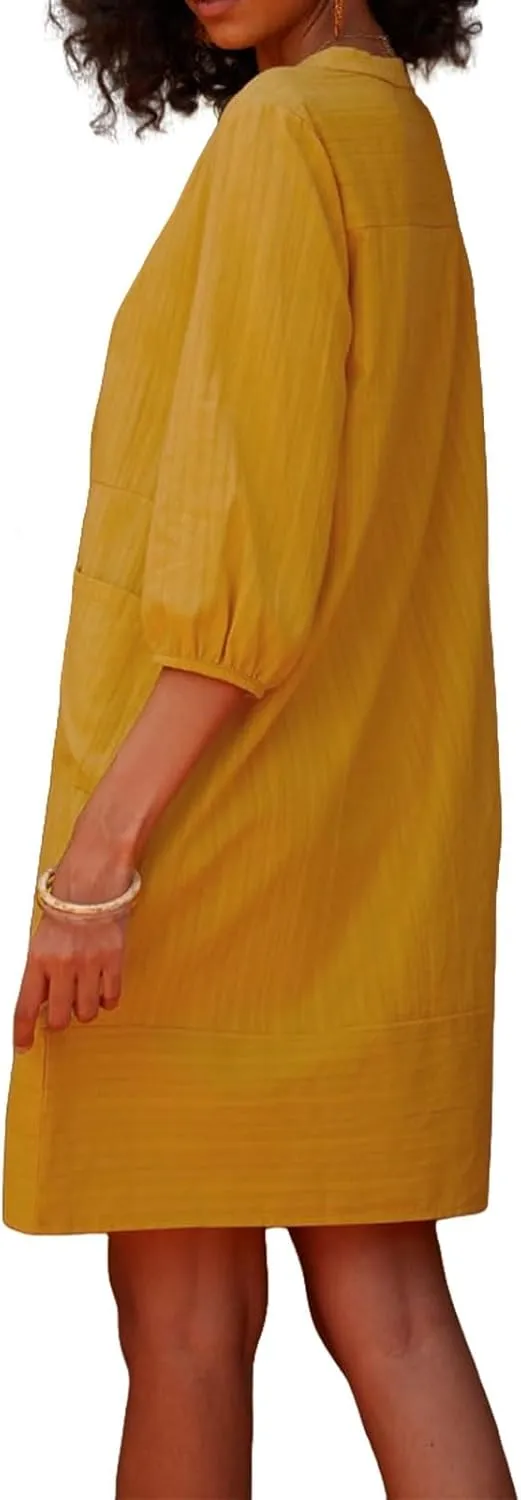 Womens Cotton Linen Dress V Neck 3/4 Sleeve Shift Tunic Smock Dresses Summer Casual Loose Dress with Pockets