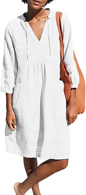 Womens Cotton Linen Dress V Neck 3/4 Sleeve Shift Tunic Smock Dresses Summer Casual Loose Dress with Pockets