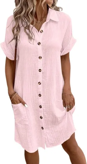 Womens Cotton Linen Dresses Casual Short Sleeve Button Down Shirt Midi Dress Summer Loose Fit Tunic Dresses