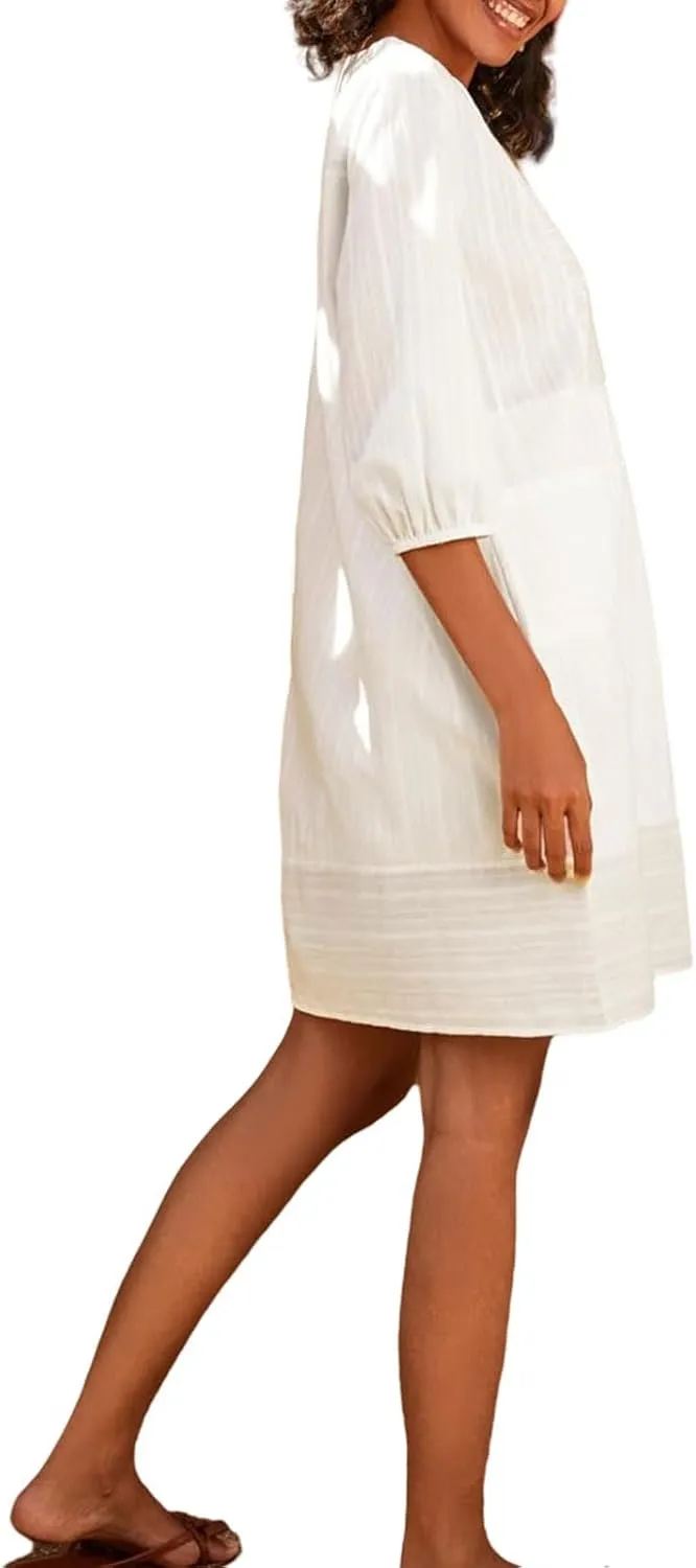 Womens Cotton Linen Dresses V Neck 3/4 Sleeve Dress Summer Casual Loose Shift Tunic Smock Dresses 2025