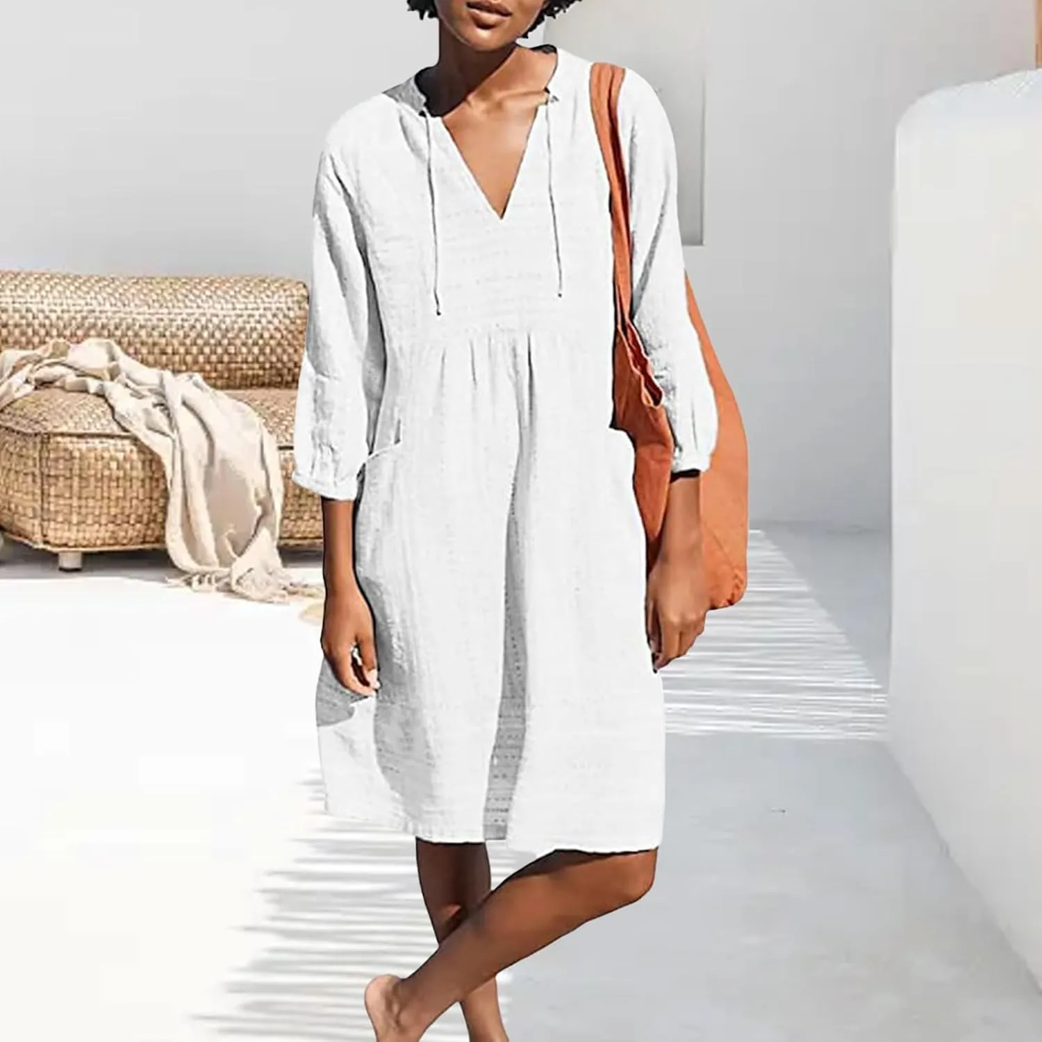 Womens Cotton Linen Dresses V Neck 3/4 Sleeve Dress Summer Casual Loose Shift Tunic Smock Dresses 2025