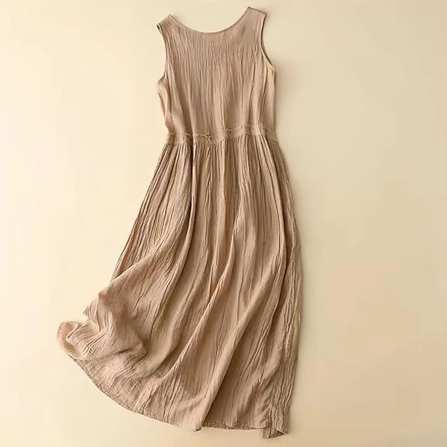 Women's Cotton Linen Midi Dress Plus Size Cap Sleeve Pleated Summer Dresses Vacation 2025 Crew Neck Casual Dress