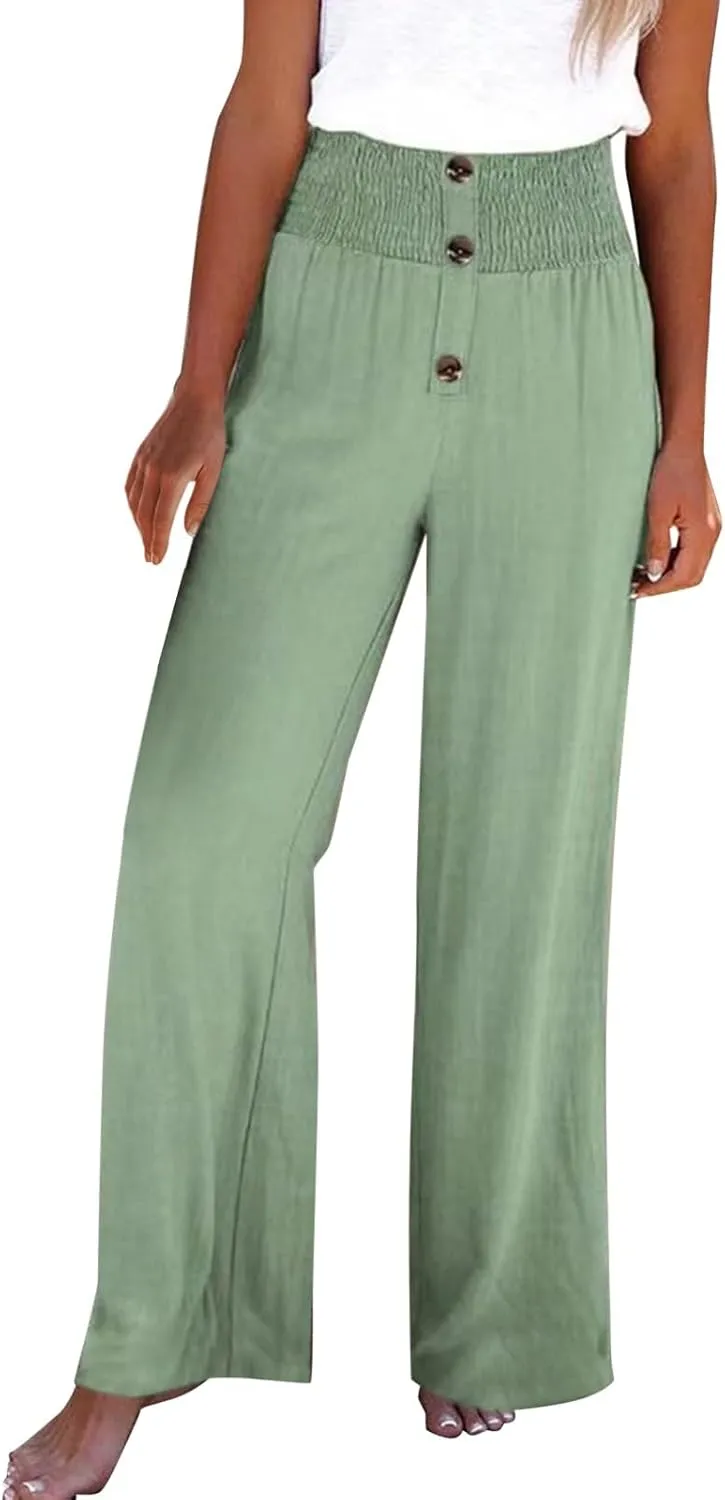 Womens Cotton Linen Pants Wide Leg High Waisted Casual Pants Dress Pants for Business Casual Ladies Elegant Pants
