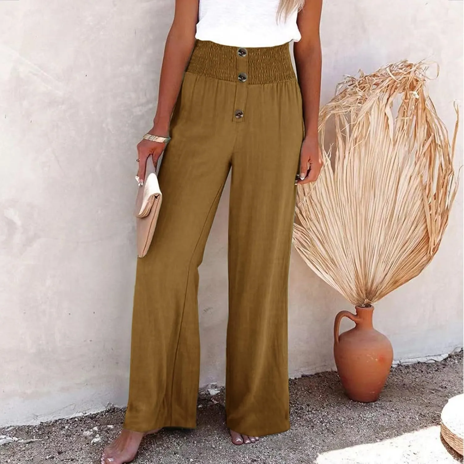 Womens Cotton Linen Pants Wide Leg High Waisted Casual Pants Dress Pants for Business Casual Ladies Elegant Pants