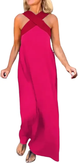 Women's Cross Halter Neck Sleeveless Stitching Dress Fashion Trendy Dressy Long Maxi Dresses Casual Sundress 2025