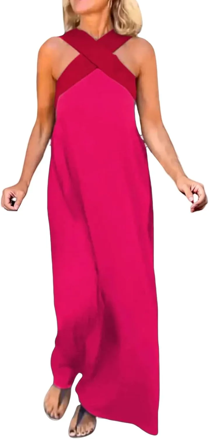 Women's Cross Halter Neck Sleeveless Stitching Dress Fashion Trendy Dressy Long Maxi Dresses Casual Sundress 2025