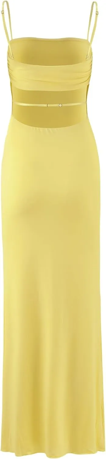 Women's Cutout Backless Maxi Dress Sexy Sleeveless Tight Slip Spaghetti Strap Long Dresses