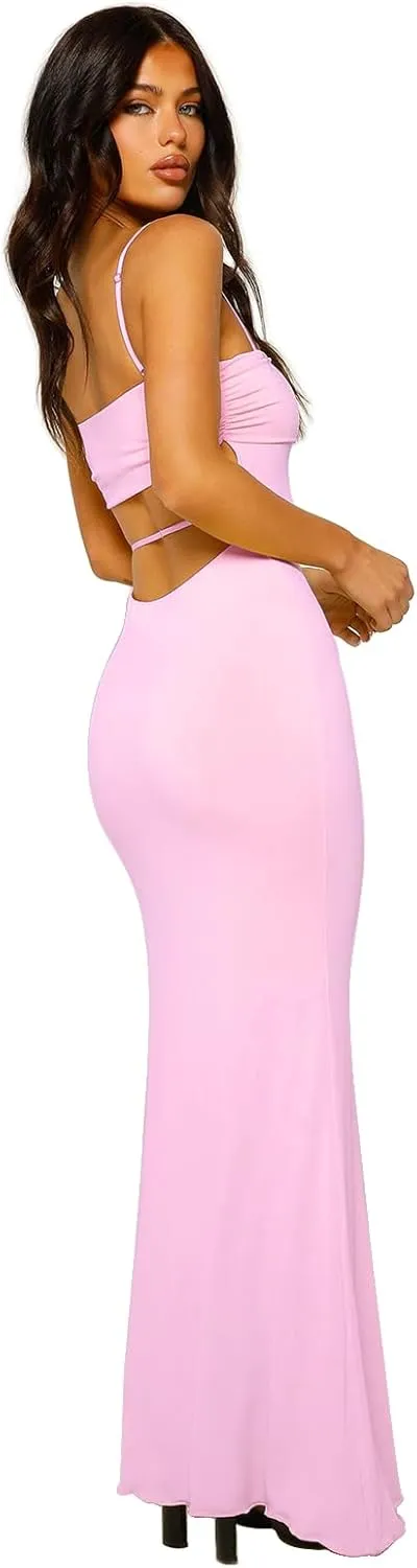 Women's Cutout Backless Maxi Dress Sexy Sleeveless Tight Slip Spaghetti Strap Long Dresses