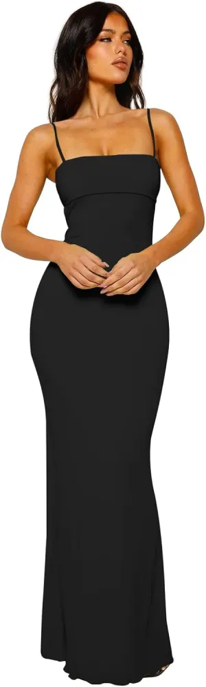 Women's Cutout Backless Maxi Dress Sexy Sleeveless Tight Slip Spaghetti Strap Long Dresses