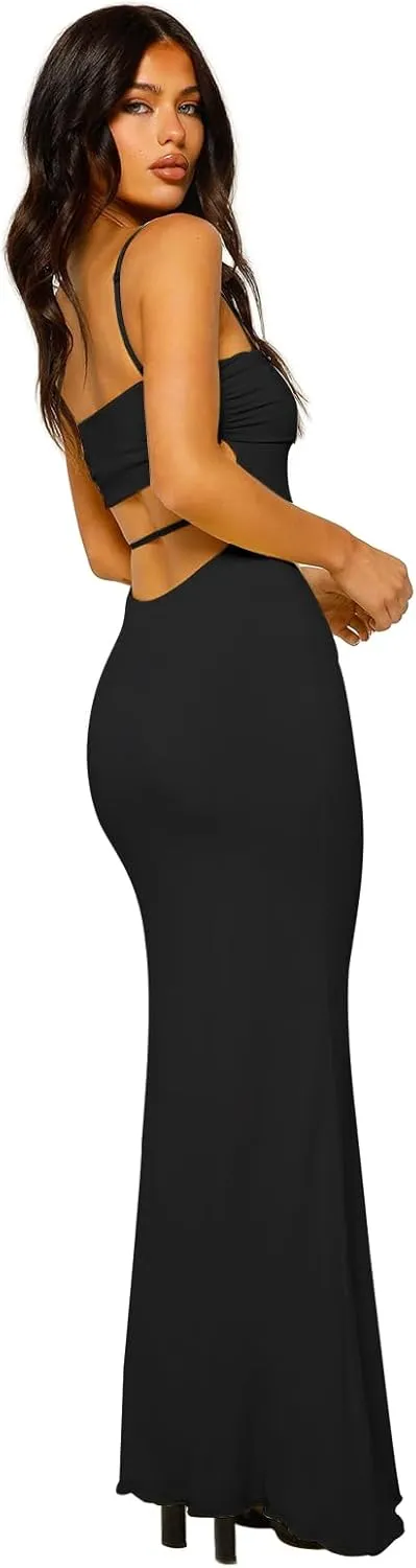 Women's Cutout Backless Maxi Dress Sexy Sleeveless Tight Slip Spaghetti Strap Long Dresses