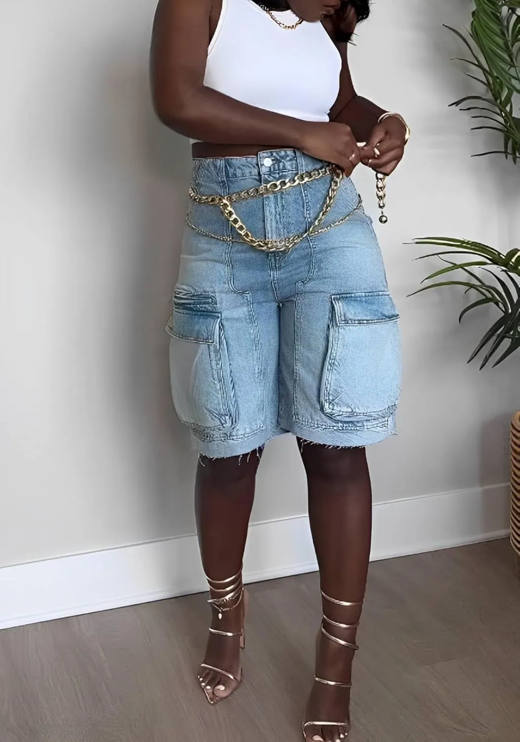 Women's Denim Shorts Trendy Casual High Waist Straight Leg Cargo Jean Shorts with Pockets