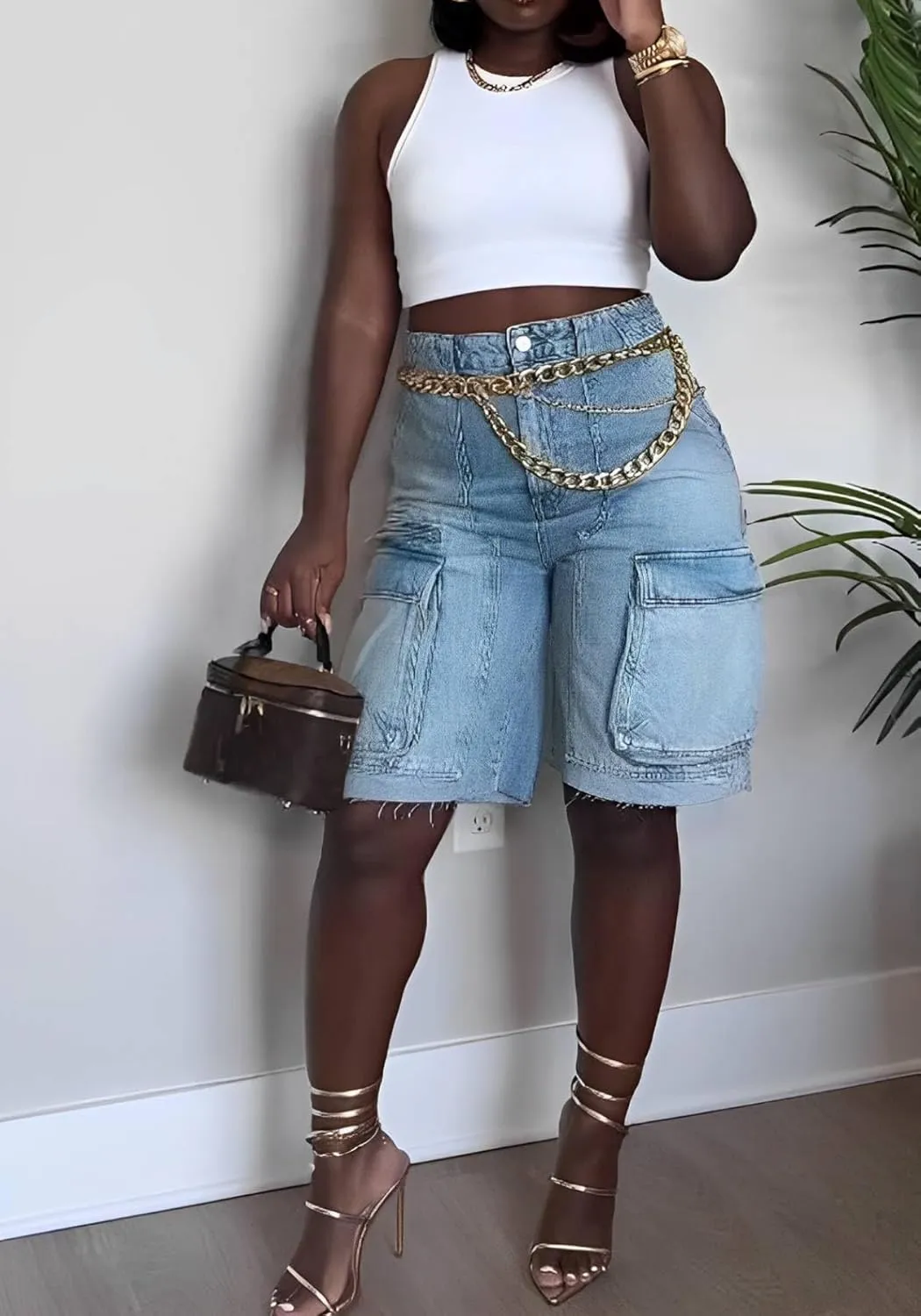 Women's Denim Shorts Trendy Casual High Waist Straight Leg Cargo Jean Shorts with Pockets