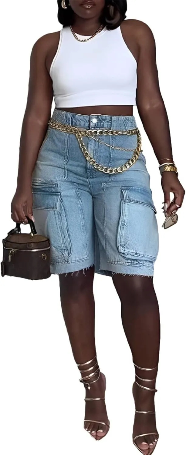 Women's Denim Shorts Trendy Casual High Waist Straight Leg Cargo Jean Shorts with Pockets