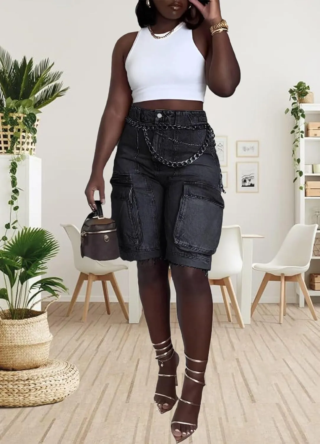 Women's Denim Shorts Trendy Casual High Waist Straight Leg Cargo Jean Shorts with Pockets