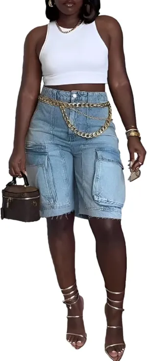 Women's Denim Shorts Trendy Casual High Waist Straight Leg Cargo Jean Shorts with Pockets