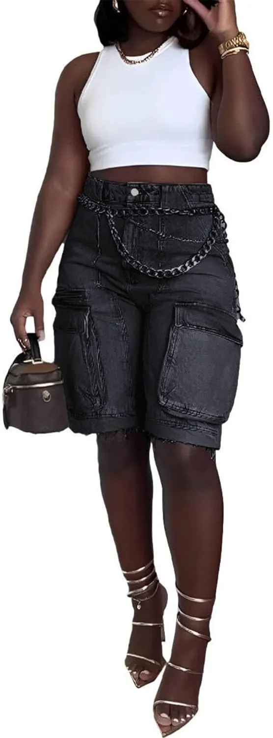 Women's Denim Shorts Trendy Casual High Waist Straight Leg Cargo Jean Shorts with Pockets