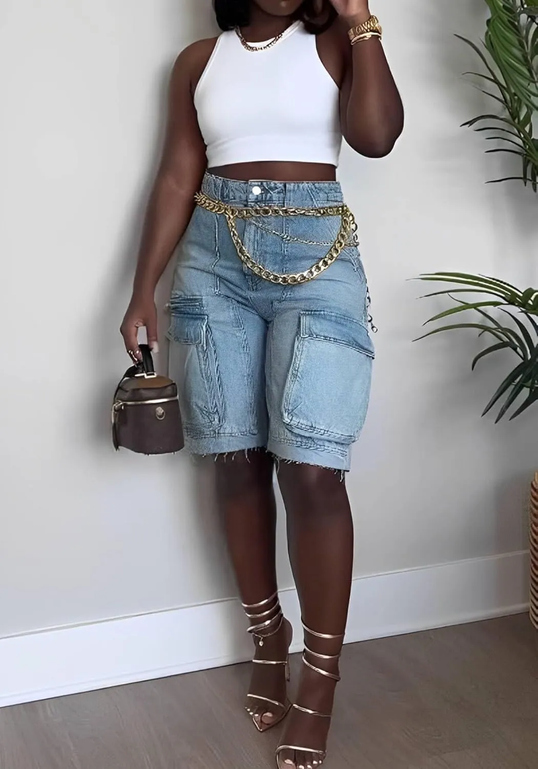 Women's Denim Shorts Trendy Casual High Waist Straight Leg Cargo Jean Shorts with Pockets