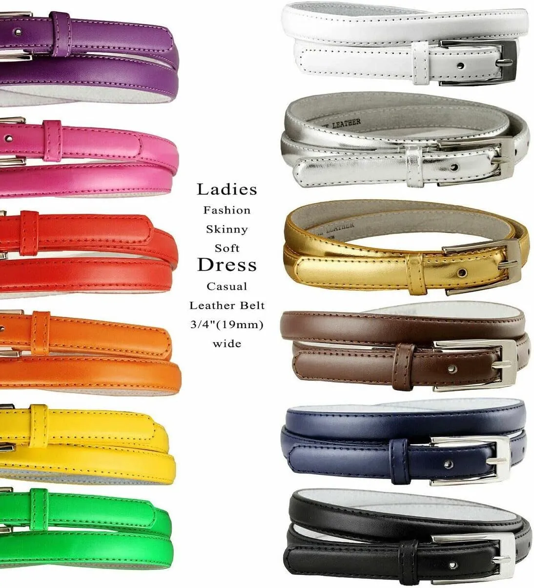 Women's Dress Skinny Fashion Belts Genuine Leather 3/4" (19mm) and 1" (25mm) wide
