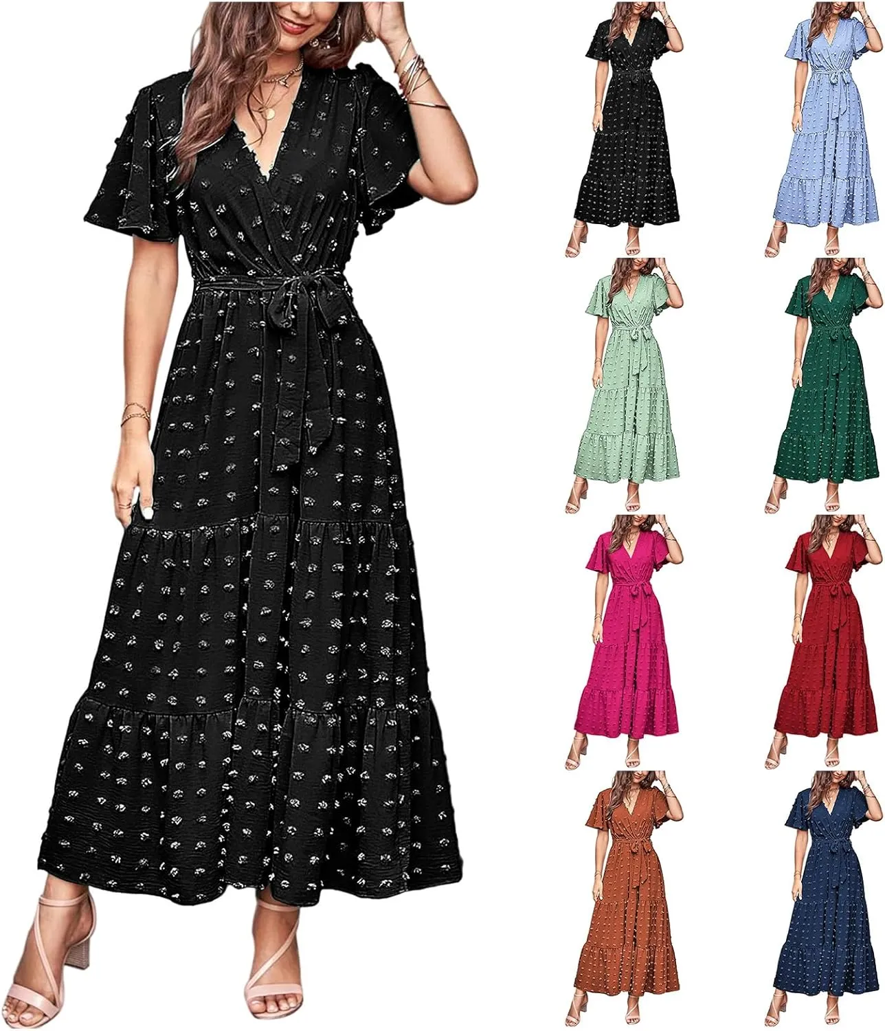 Womens Dresses 2025 Boho Swiss Dot Maxi Dresses Wrap V Neck Ruffle Short Sleeve A-Line Midi Dress Tiered Flowy Dress