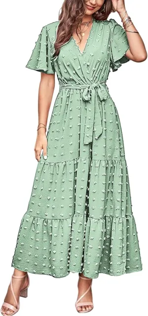 Womens Dresses 2025 Boho Swiss Dot Maxi Dresses Wrap V Neck Ruffle Short Sleeve A-Line Midi Dress Tiered Flowy Dress