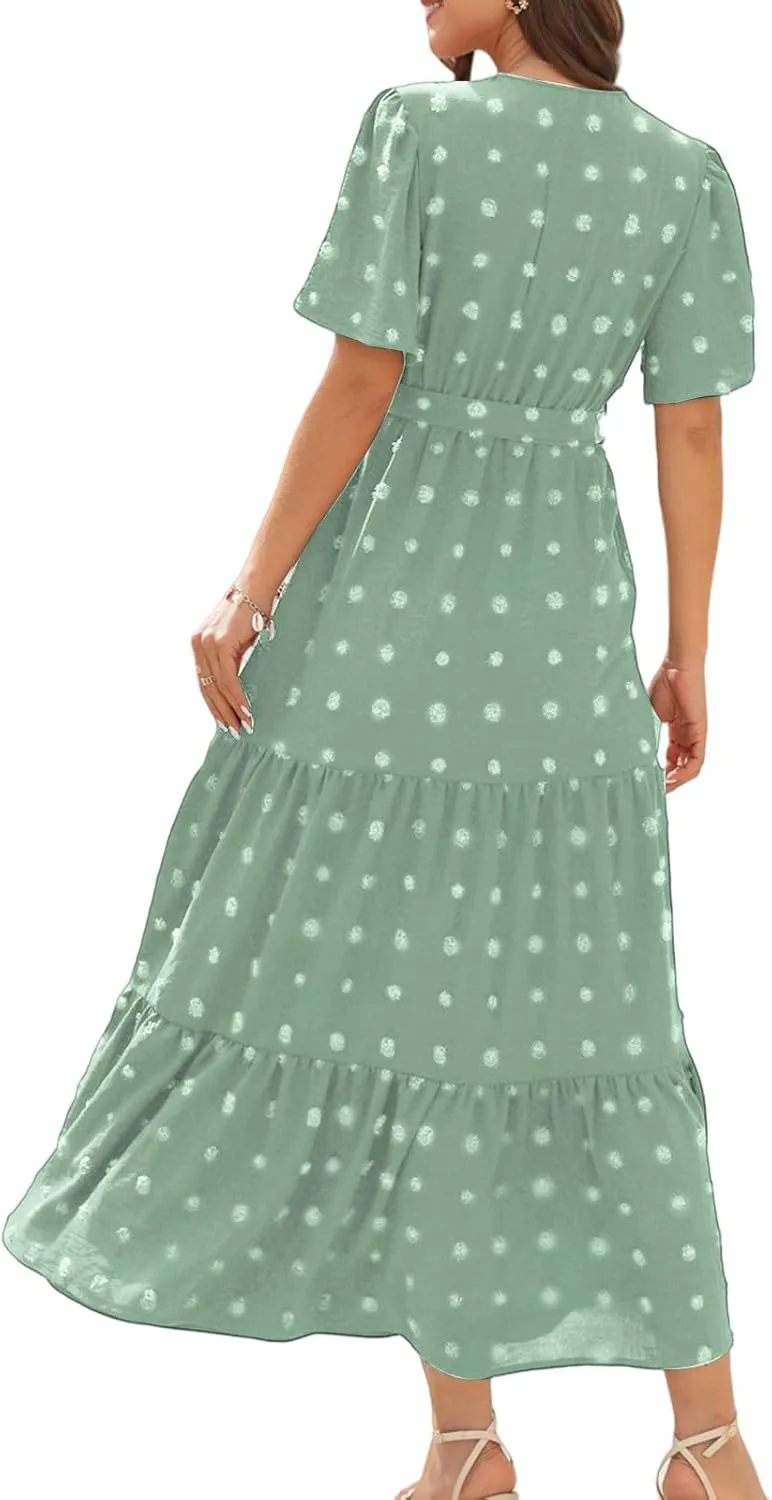 Womens Dresses 2025 Boho Swiss Dot Maxi Dresses Wrap V Neck Ruffle Short Sleeve A-Line Midi Dress Tiered Flowy Dress