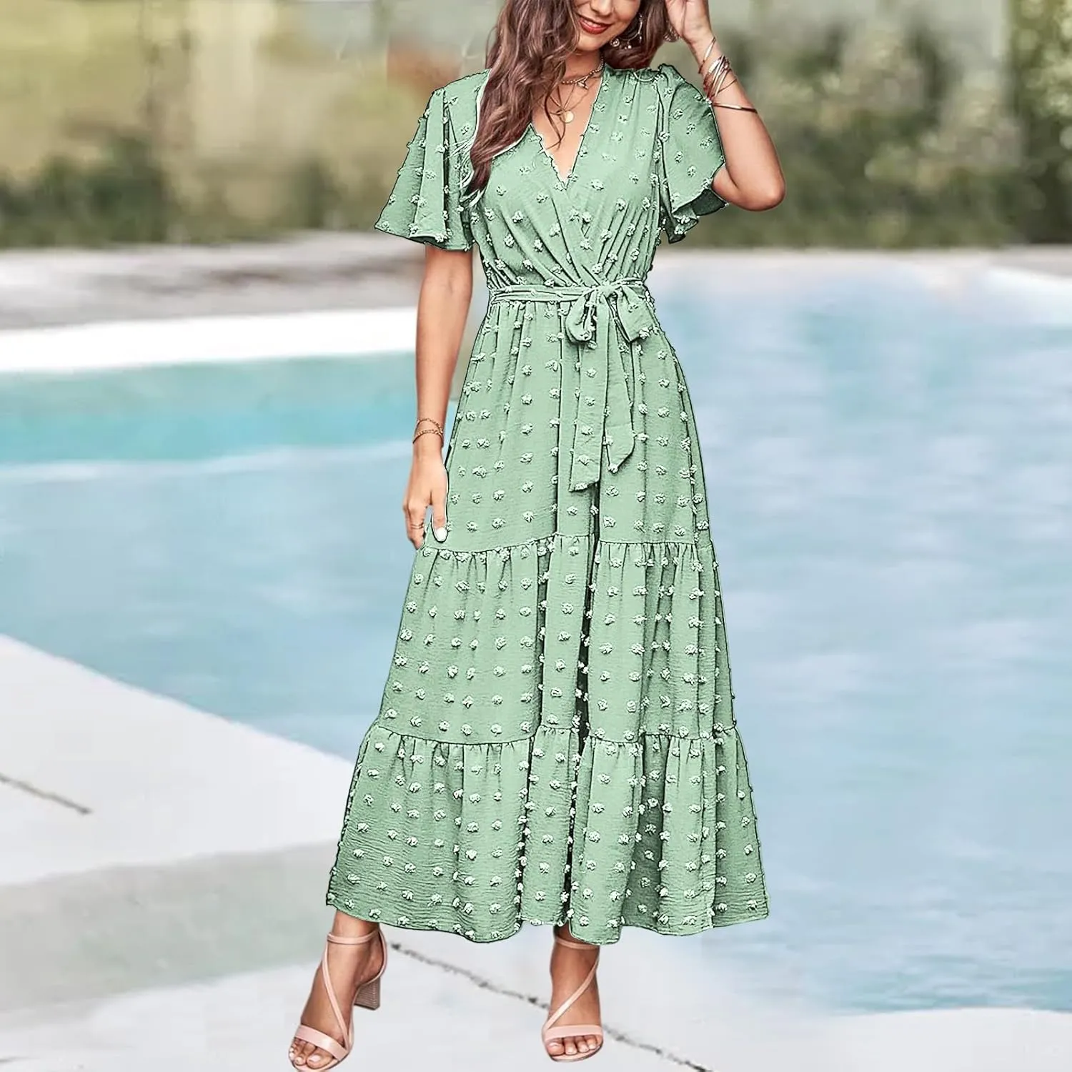 Womens Dresses 2025 Boho Swiss Dot Maxi Dresses Wrap V Neck Ruffle Short Sleeve A-Line Midi Dress Tiered Flowy Dress