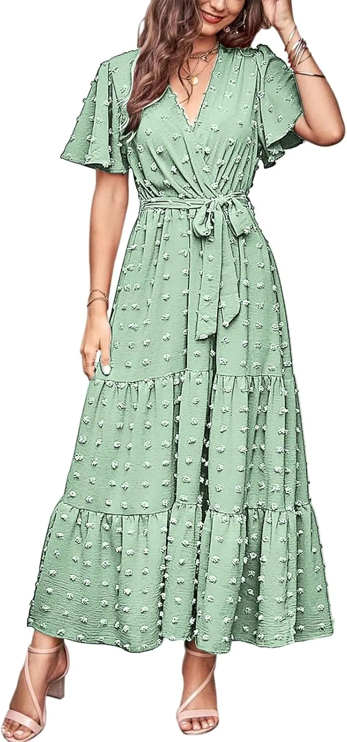 Womens Dresses 2025 Boho Swiss Dot Maxi Dresses Wrap V Neck Ruffle Short Sleeve A-Line Midi Dress Tiered Flowy Dress