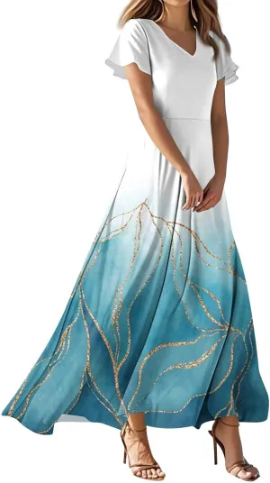 Womens Dresses Summer 2025 Fashion Midi Dress Floral Sleeve V Neck Long Flowy Boho Casual Beach Vacation Dress