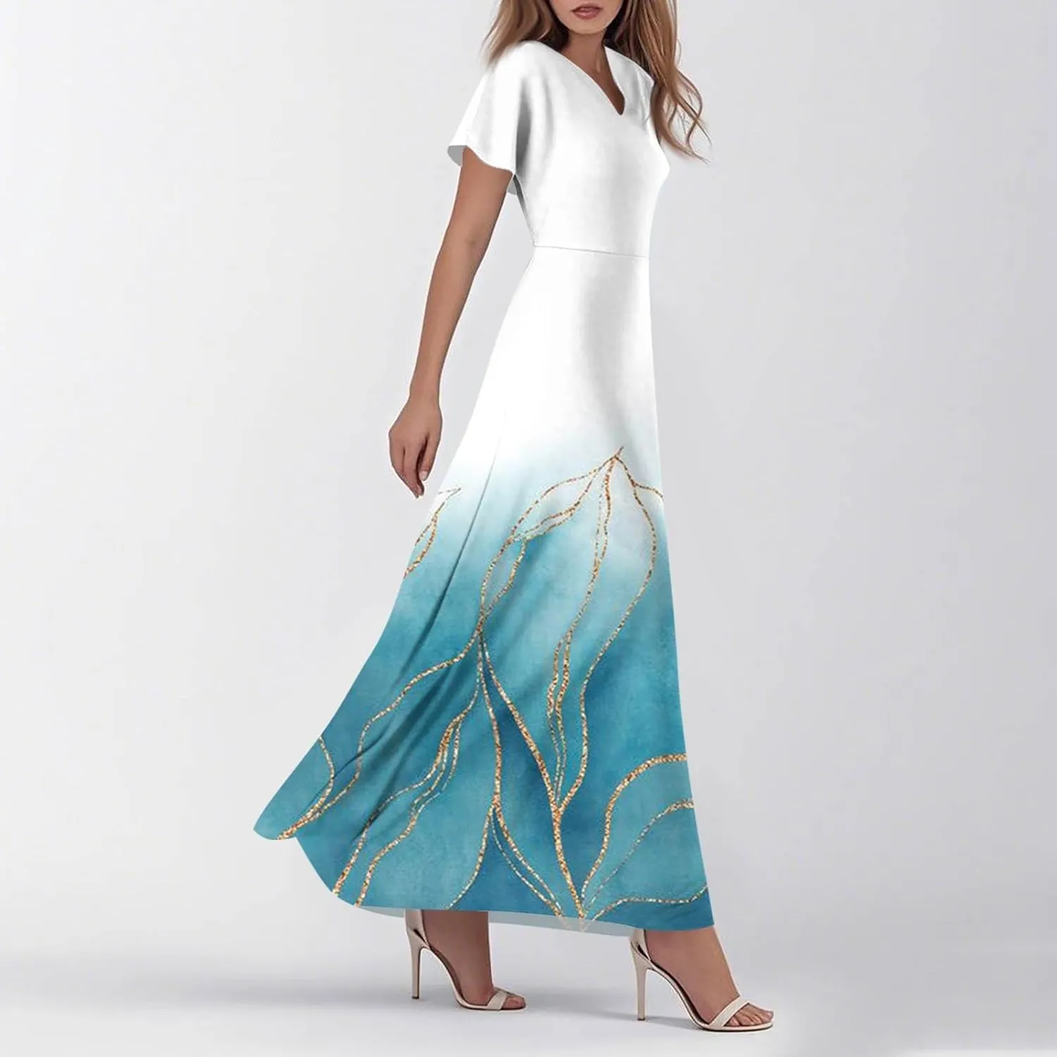 Womens Dresses Summer 2025 Fashion Midi Dress Floral Sleeve V Neck Long Flowy Boho Casual Beach Vacation Dress